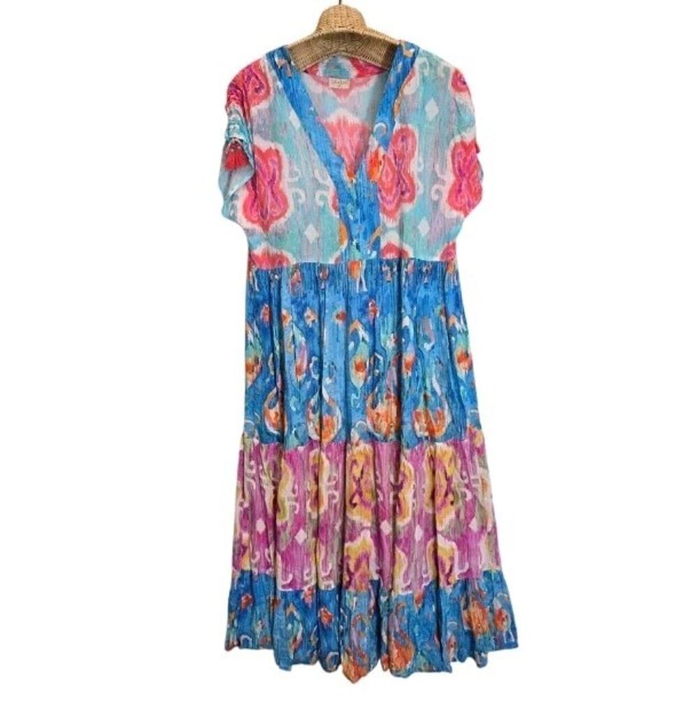 Lula Soul Bohemian Tiered Midi Dress 100% Viscose Tassel Cap Sleeve Resort M